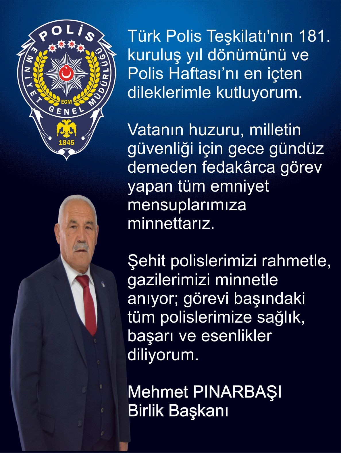 NEVESOB  Başkanı Pınarbaşı’ndan Polis Haftası Kutlama Mesajı