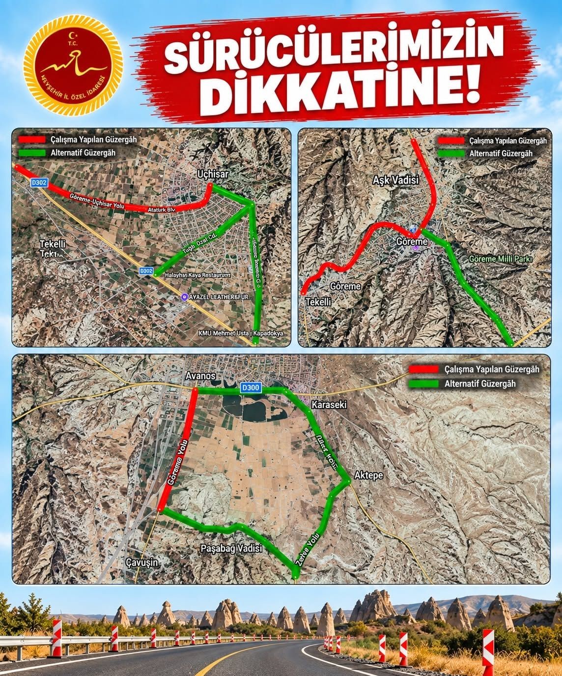 Uçhisar-Göreme-Çavuşin-Avanos Yolunda Asfalt Çalışması Başlıyor
