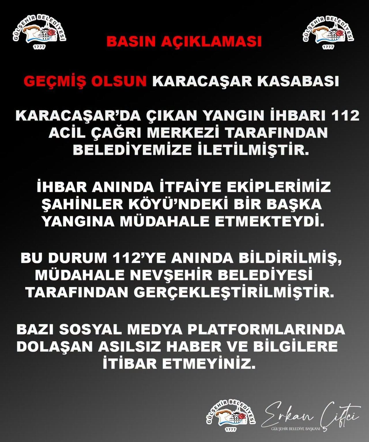 Başkan Çiftci’den Kamuoyuna Açıklama