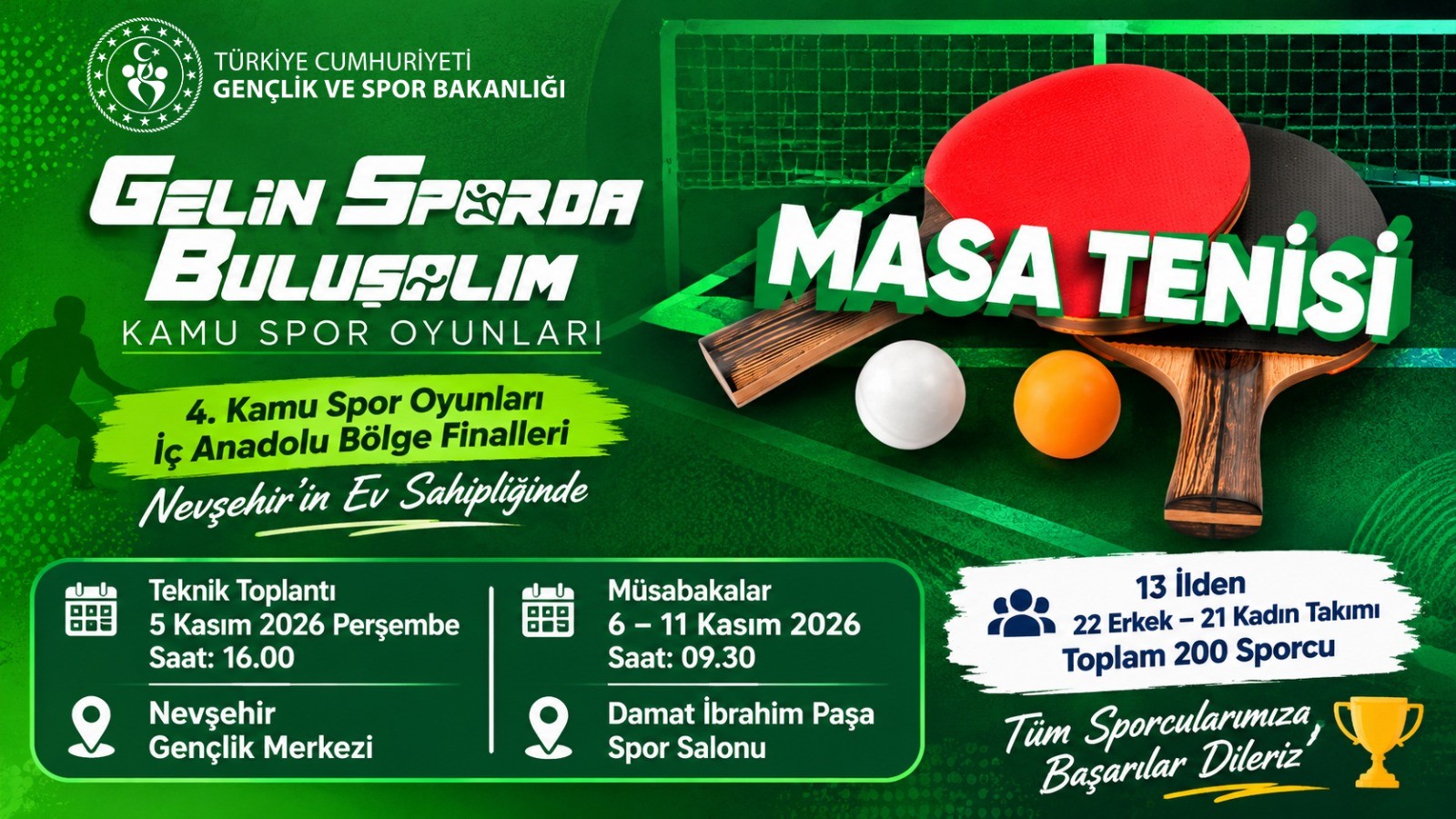 Masa Tenisi Heyecanı 6-11 Kasım’da Nevşehir’de