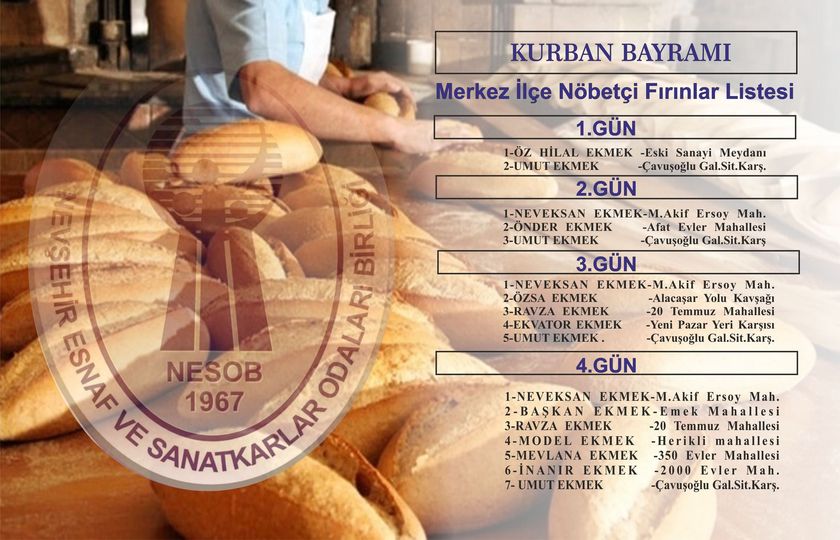 NEVESOB, Kurban Bayramı’nda açık bulundurulacak fırınların listesini yayımladı