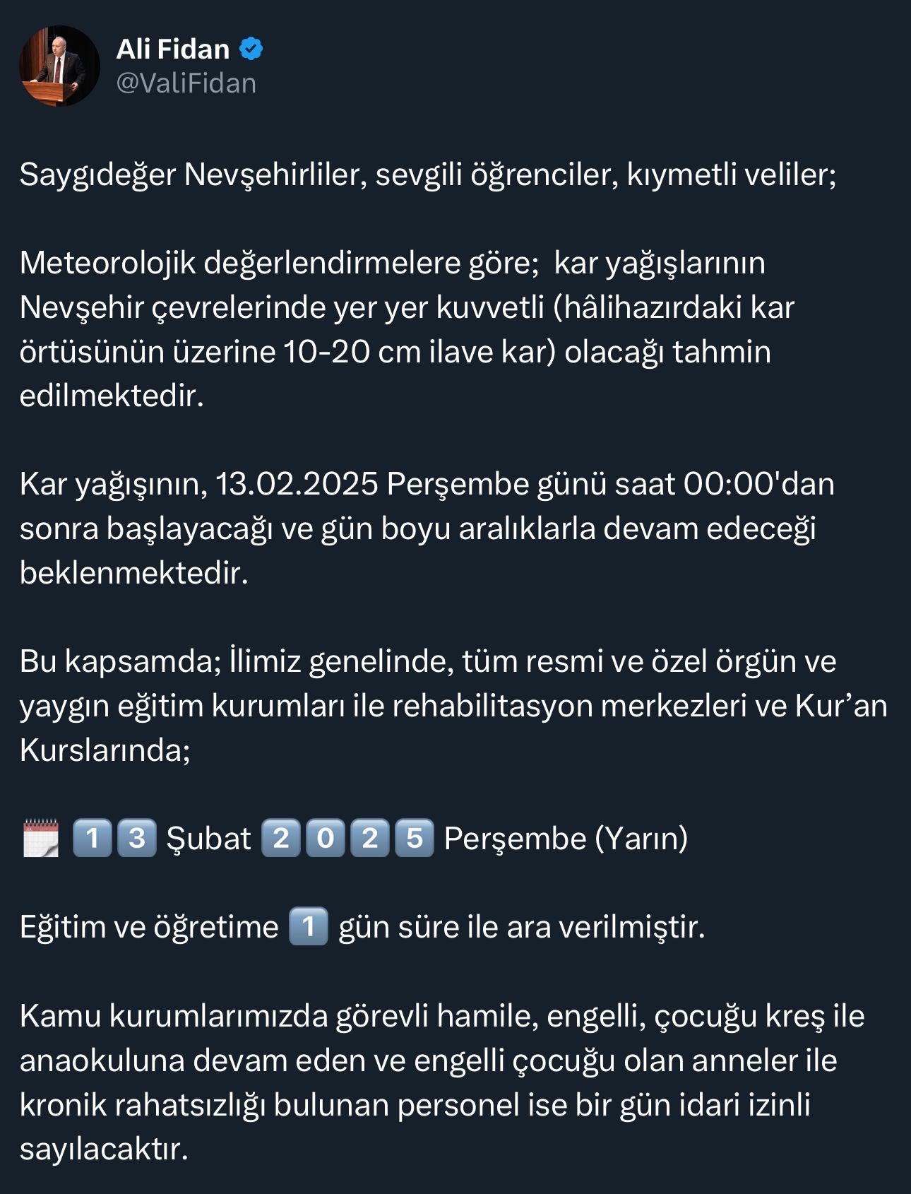 Nevşehir’de Eğitime 1 Gün Ara Verildi