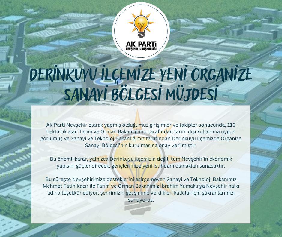 Derinkuyu Organize Sanayi Bölgesi Kurulması, Sanayi ve Teknoloji Bakanlığı Tarafından Onaylandı
