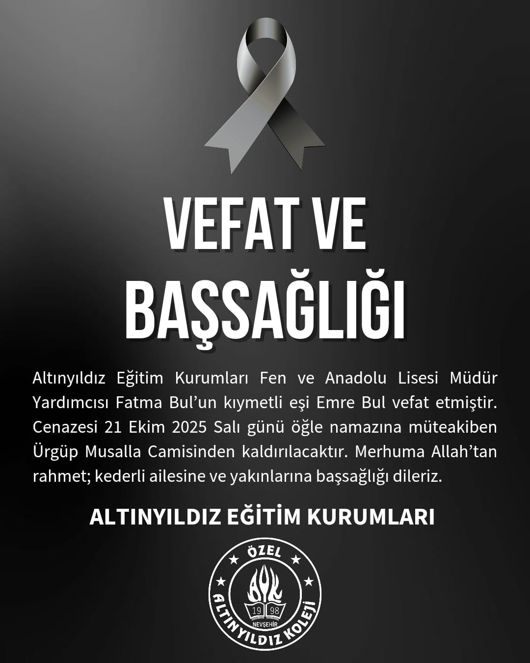Altınyıldız Eğitim Kurumları’ndan Emre Bul Ailesi İçin Taziye Mesajı